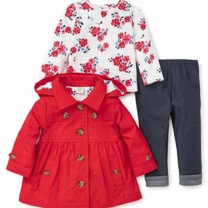 NWT Baby Girls 3 pc set floral denim red coat 12m